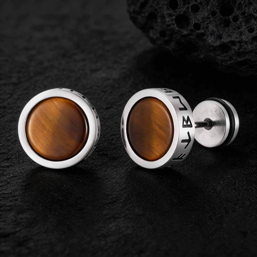 Stainless Steel Tiger Eye Stud Earrings – Round Rune Edge Design for Men ES-784