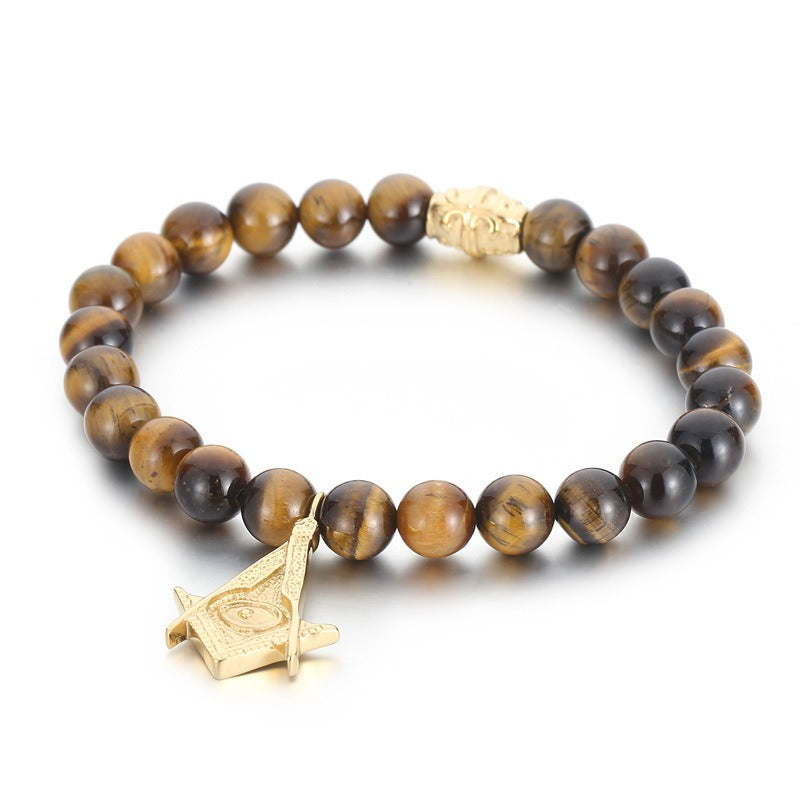 Black Onyx Beaded Bracelet – CZ Crown, Freemason Cross & Tiger Eye Accent for Men’s Gothic Streetwear KB69789-BD