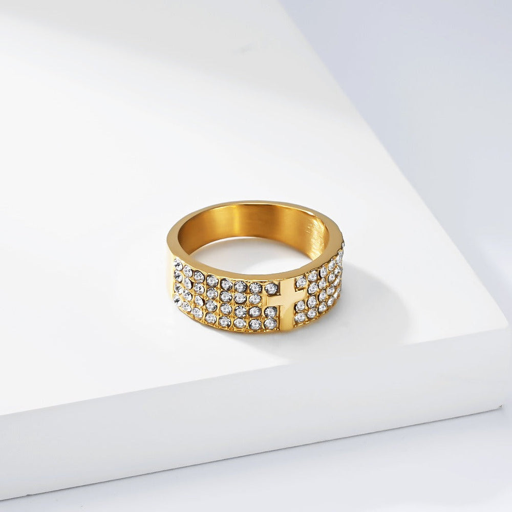 Iced Out Cross Ring for Men Stainless Steel Wide Band Hip Hop K-R1217