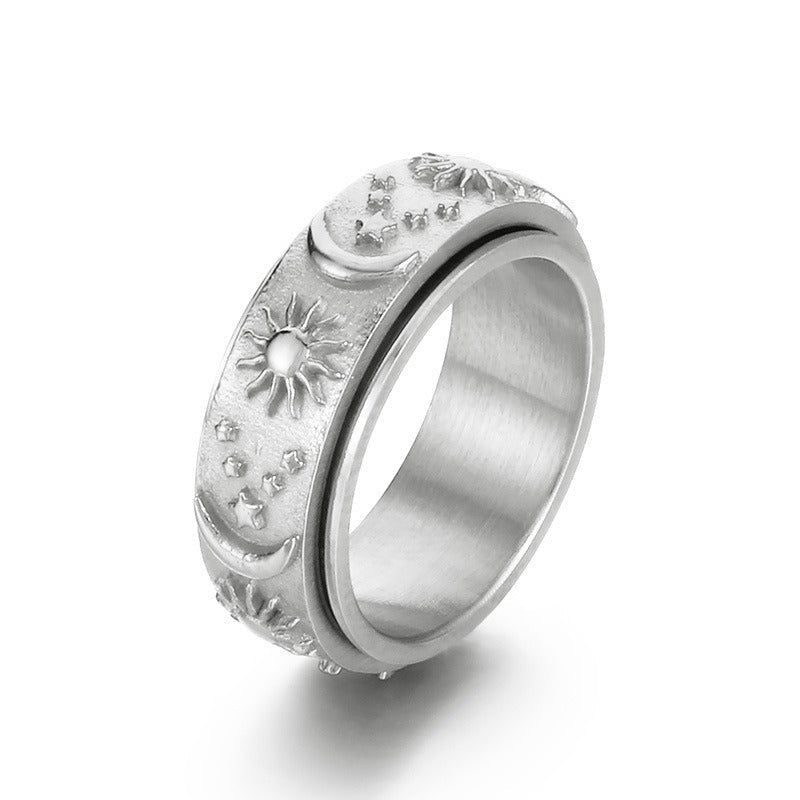 Celestial Spinner Ring – Titanium Steel Sun Moon Star Fidget Band for Men, Gothic Streetwear Style KR105136