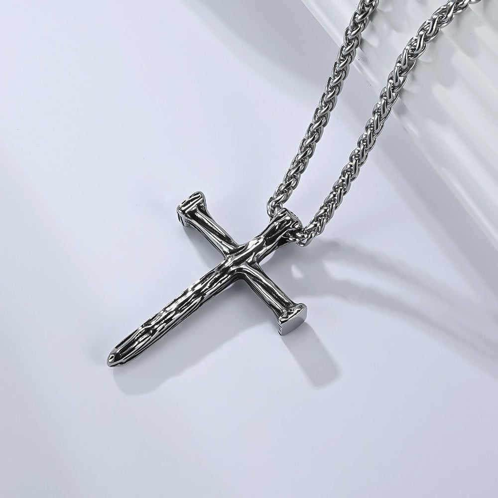 Stainless Steel Hammered Cross Necklace – Vintage Faith Pendant for Men Jewelry K-PT662