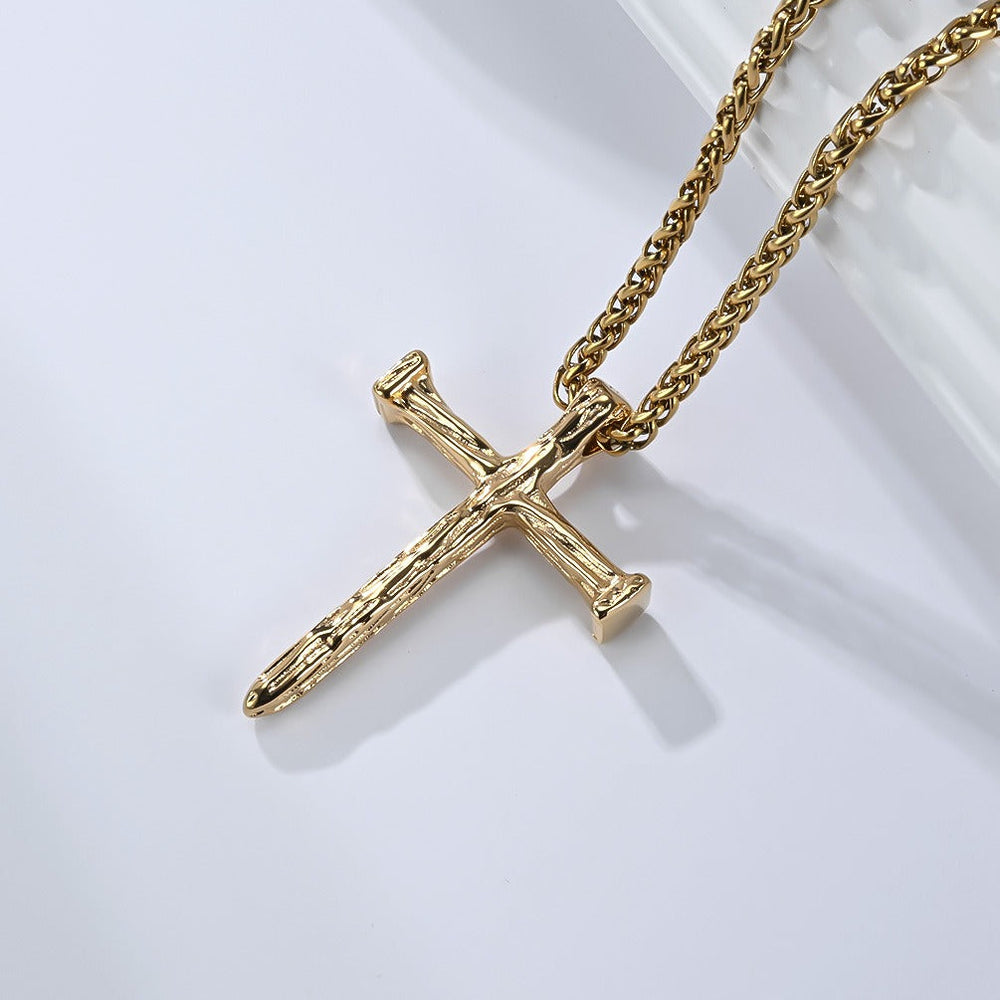 Stainless Steel Hammered Cross Necklace – Vintage Faith Pendant for Men Jewelry K-PT662