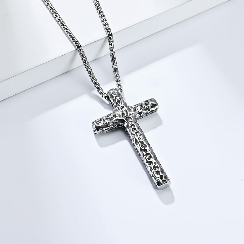 Stainless Steel Cross Pendant Necklace for Men Hammered Textured Vintage K-PT504