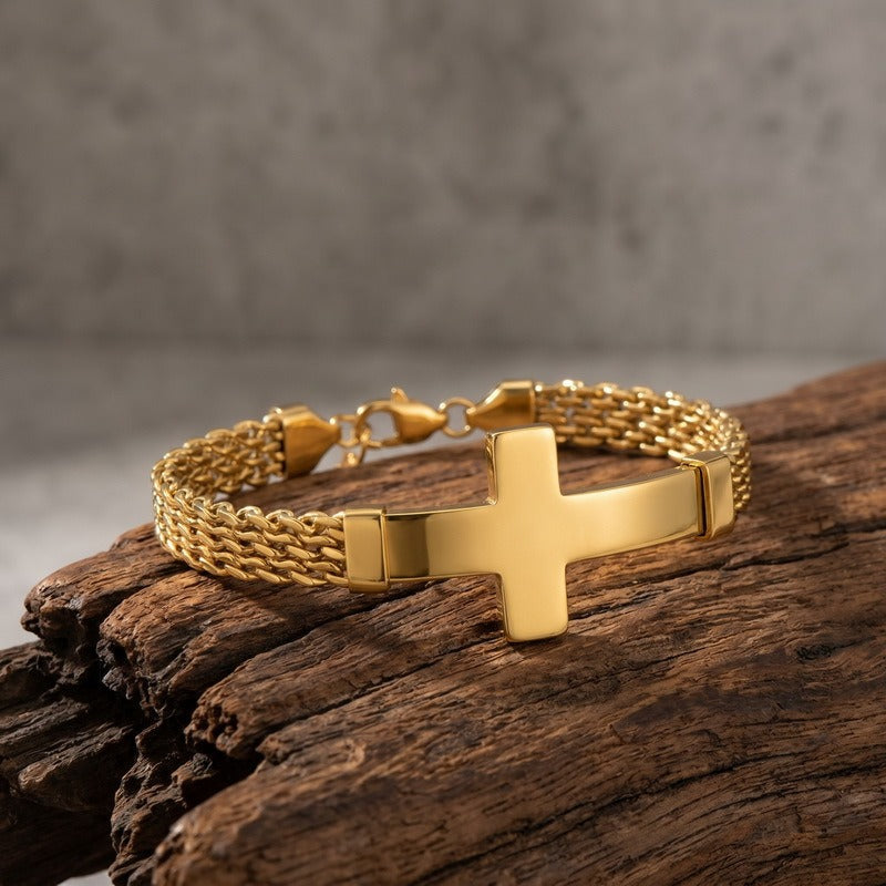 Curved Plate Cross Bracelet for Men Titanium Steel Mesh Chain KB213291-KFC