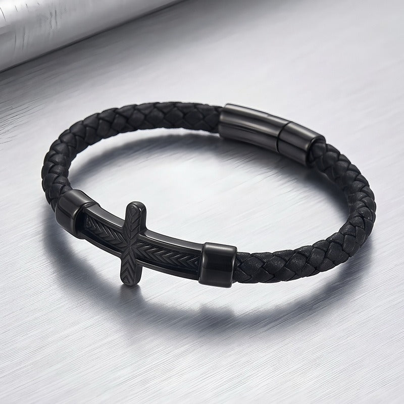 Wheat Engraved Cross Bracelet for Men Braided Faux Leather Titanium Steel KB214751-SJ