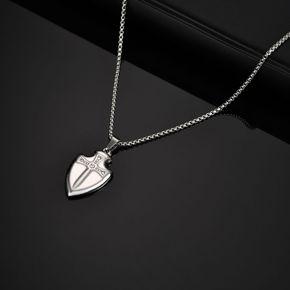 Stainless Steel Shield Pendant Necklace for Men Cubic Zirconia Sword Design PN-2177