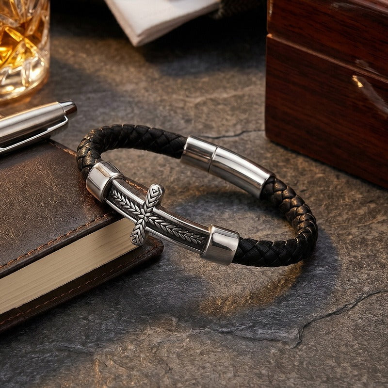 Wheat Engraved Cross Bracelet for Men Braided Faux Leather Titanium Steel KB214751-SJ