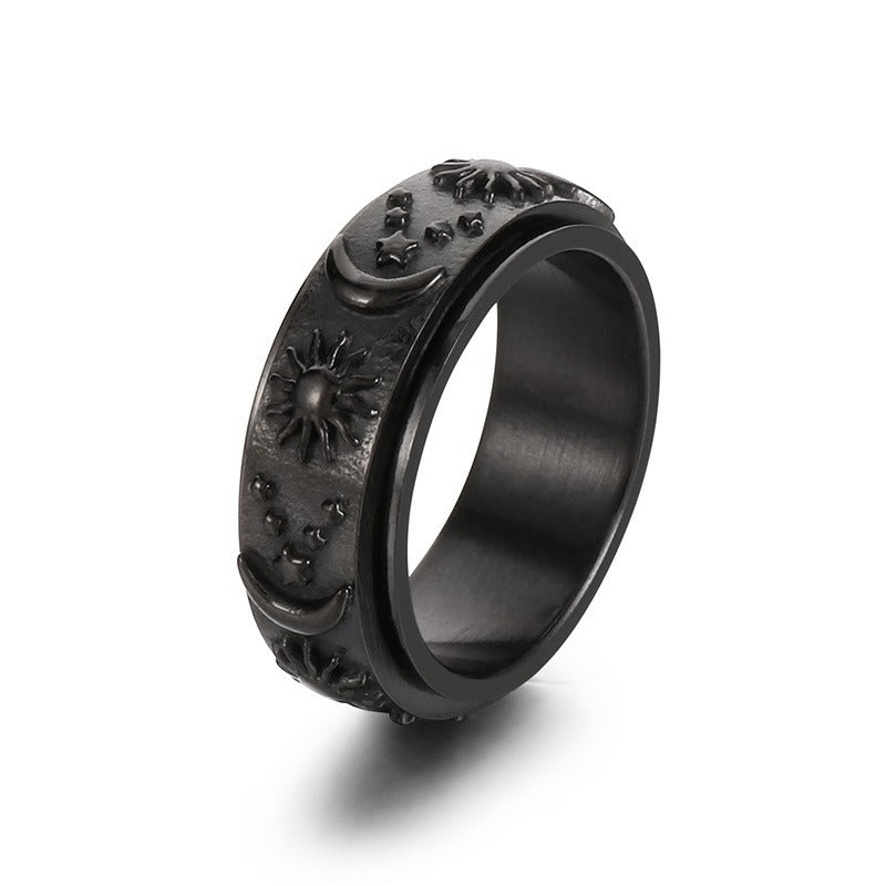 Celestial Spinner Ring – Titanium Steel Sun Moon Star Fidget Band for Men, Gothic Streetwear Style KR105136