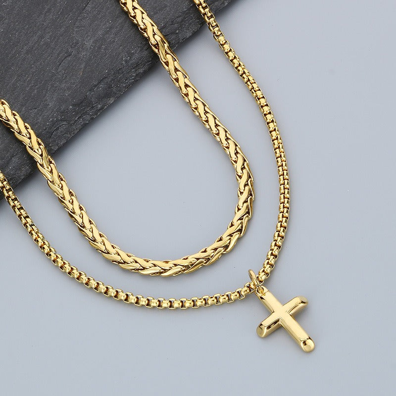 Stainless Steel Cross Pendant Necklace for Men, Layered Box Chain Double Chain Gold Silver Black KN283141-KFC