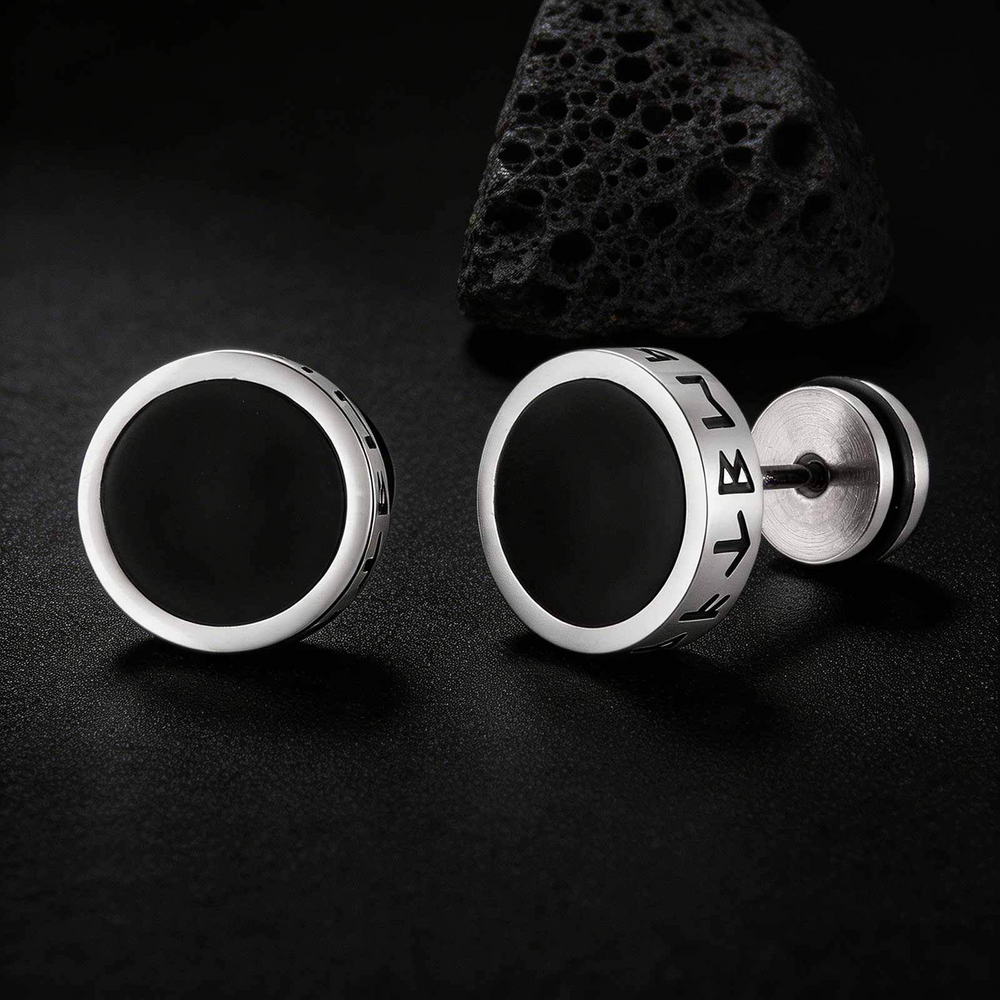 Stainless Steel Tiger Eye Stud Earrings – Round Rune Edge Design for Men ES-784