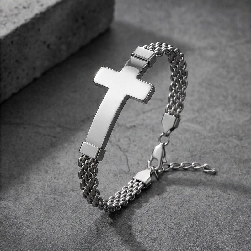 Curved Plate Cross Bracelet for Men Titanium Steel Mesh Chain KB213291-KFC
