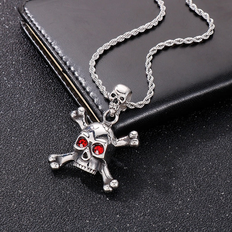 Men’s Titanium Steel Skull Bracelet & Pendant – Red Cubic Zirconia Gothic Style KB149866-KJX