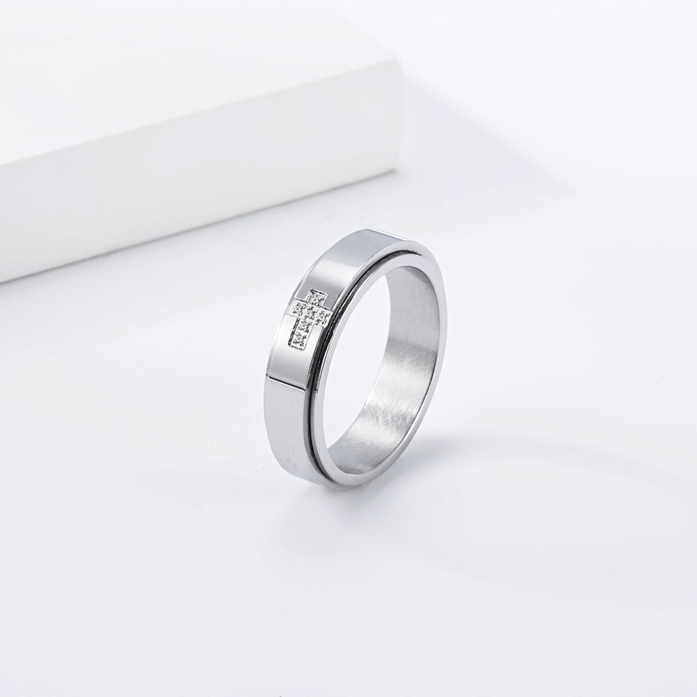 Rotating Cross Ring for Men & Women Stainless Steel Small Stone Detail K-R1220