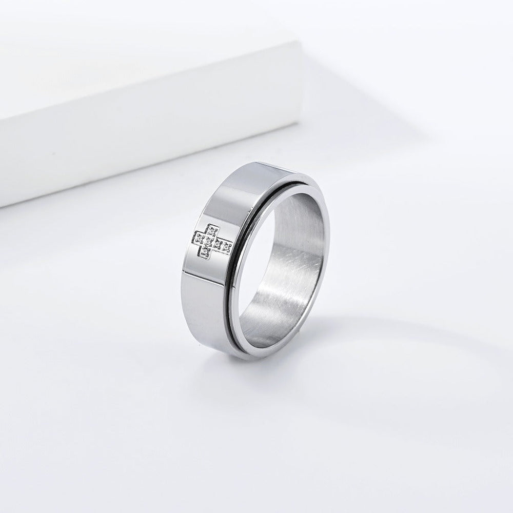 Rotating Cross Ring for Men & Women Stainless Steel Small Stone Detail K-R1220