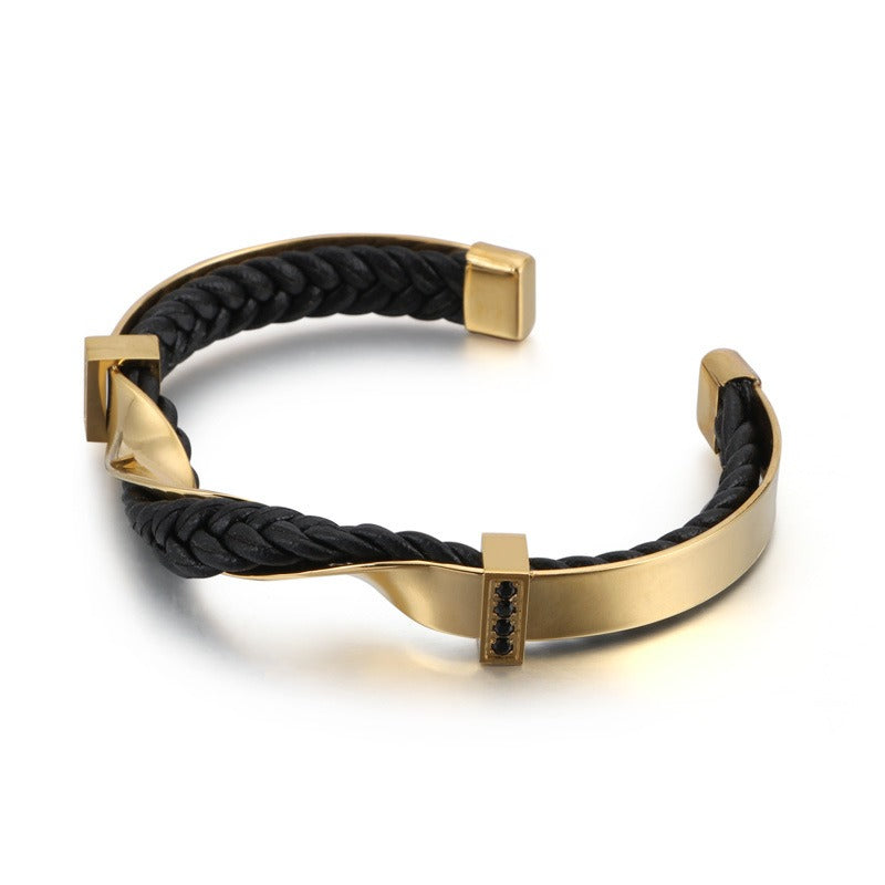 Men’s Open Cuff Leather Bracelet – Braided Leather & Stainless Steel with Black Zircon | KB117781-KFC