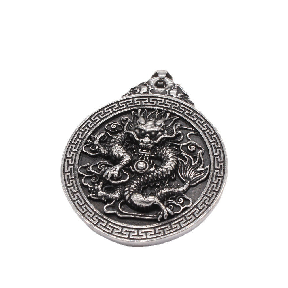 Dragon Medallion Pendant Necklace for Men Titanium Steel Relief P1095