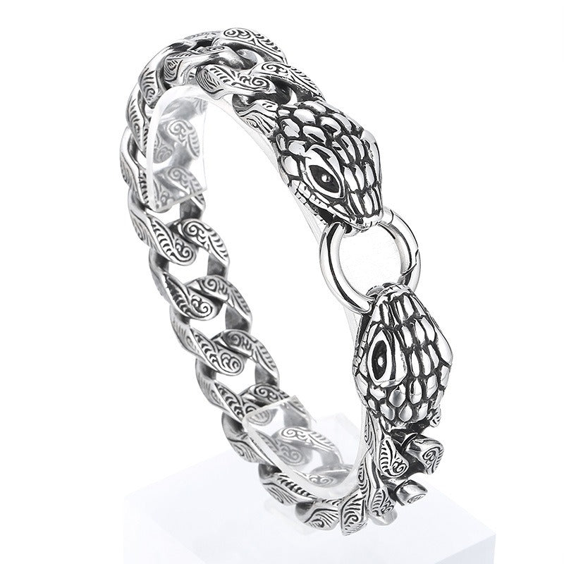 Double Snake Head Bracelet – Titanium Steel Cuban Chain for Men | Gothic Punk Vintage Style KB161368-KJX