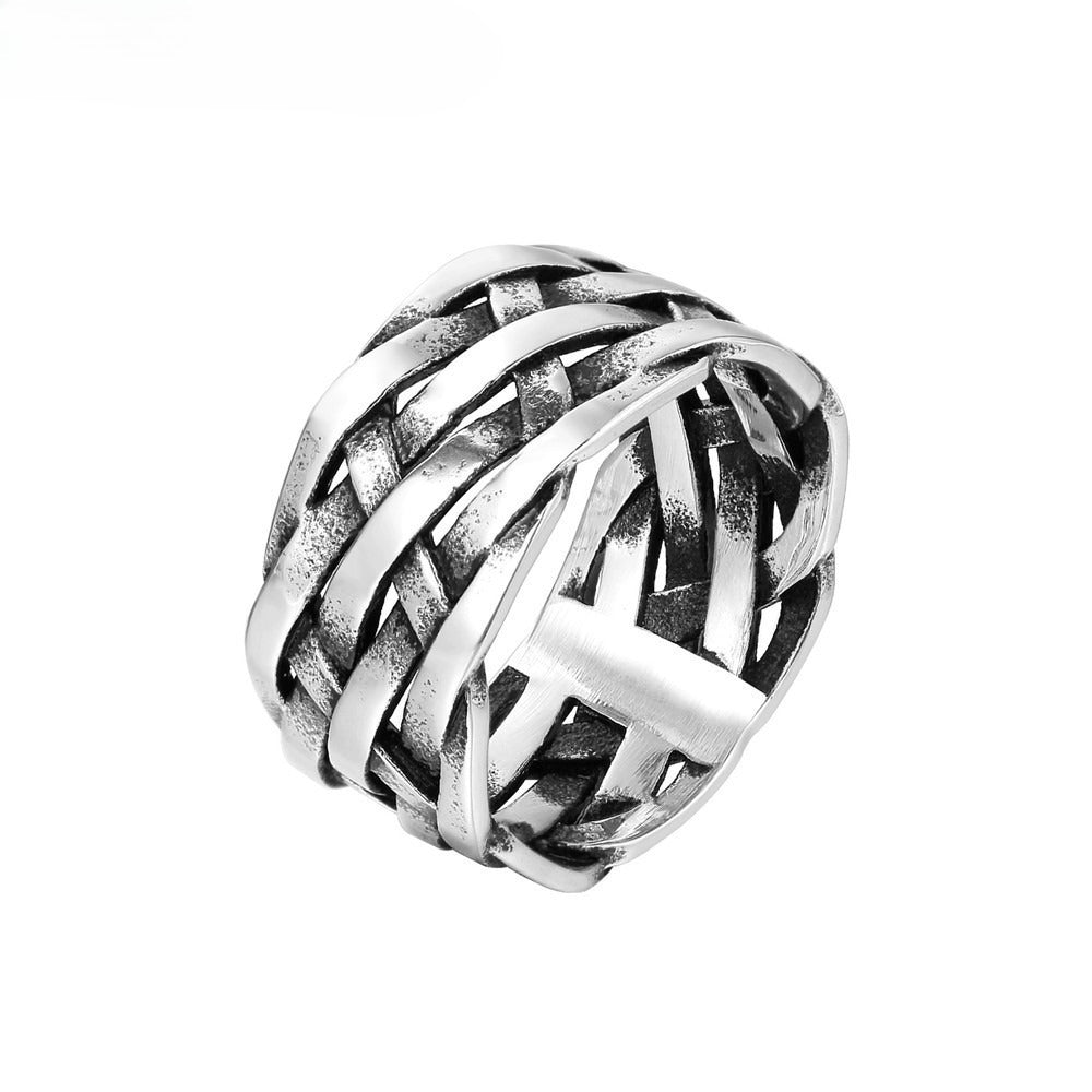 Titanium Steel Woven Ring for Men Wide Band Textured Vintage R0742