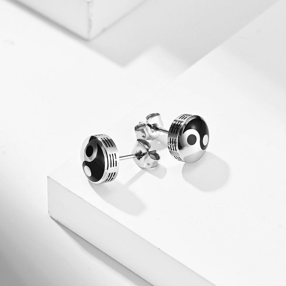 Stainless Steel Black White Stud Earrings for Men Minimal Round K-E039