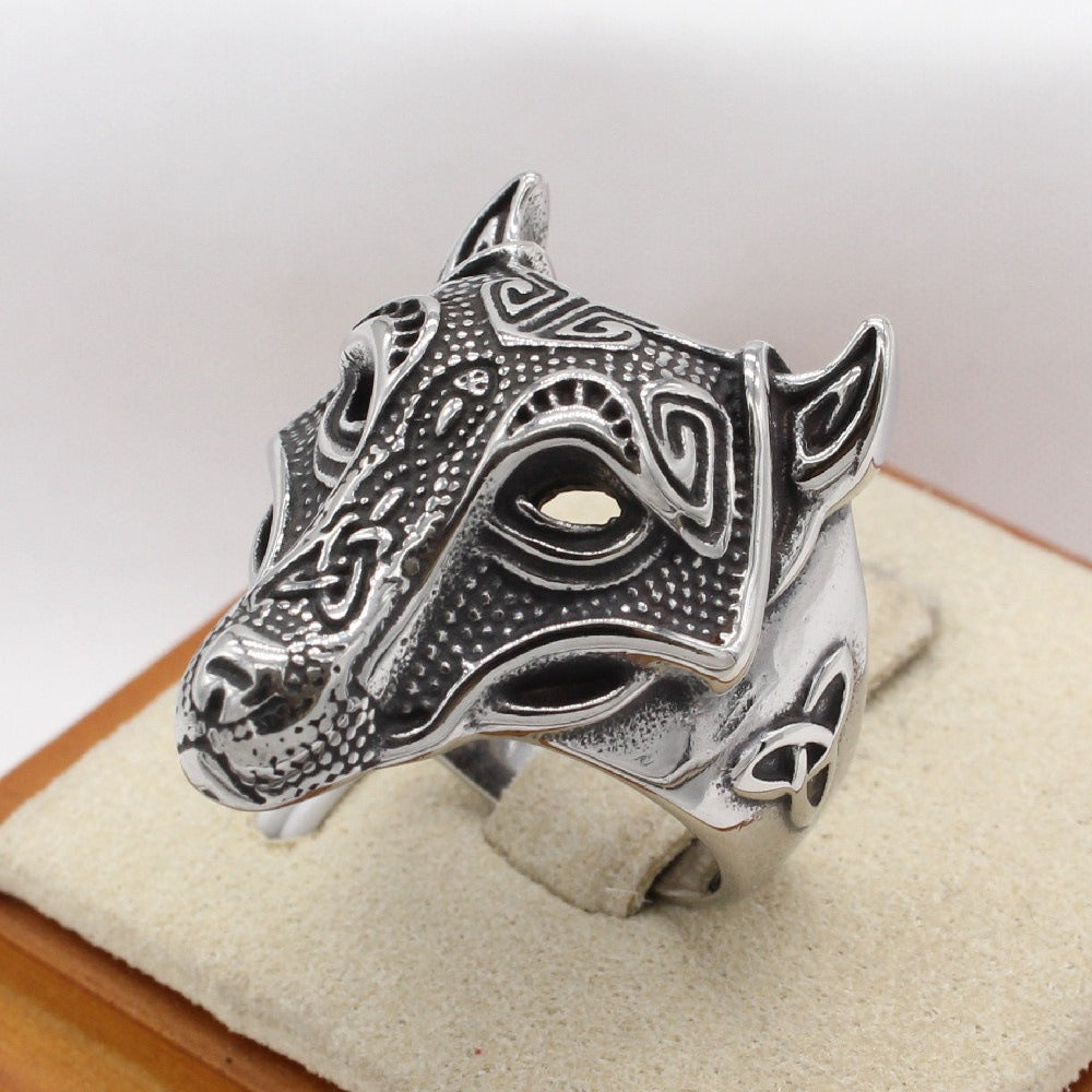 Titanium Steel Wolf Head Ring for Men Sculpted Texture Vintage R1637