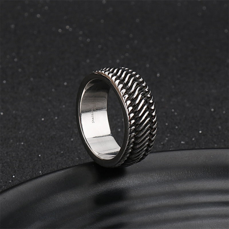 Motorcycle Tread Ring – Dual-Tone Titanium Steel Biker Jewelry for Men KR53966-K