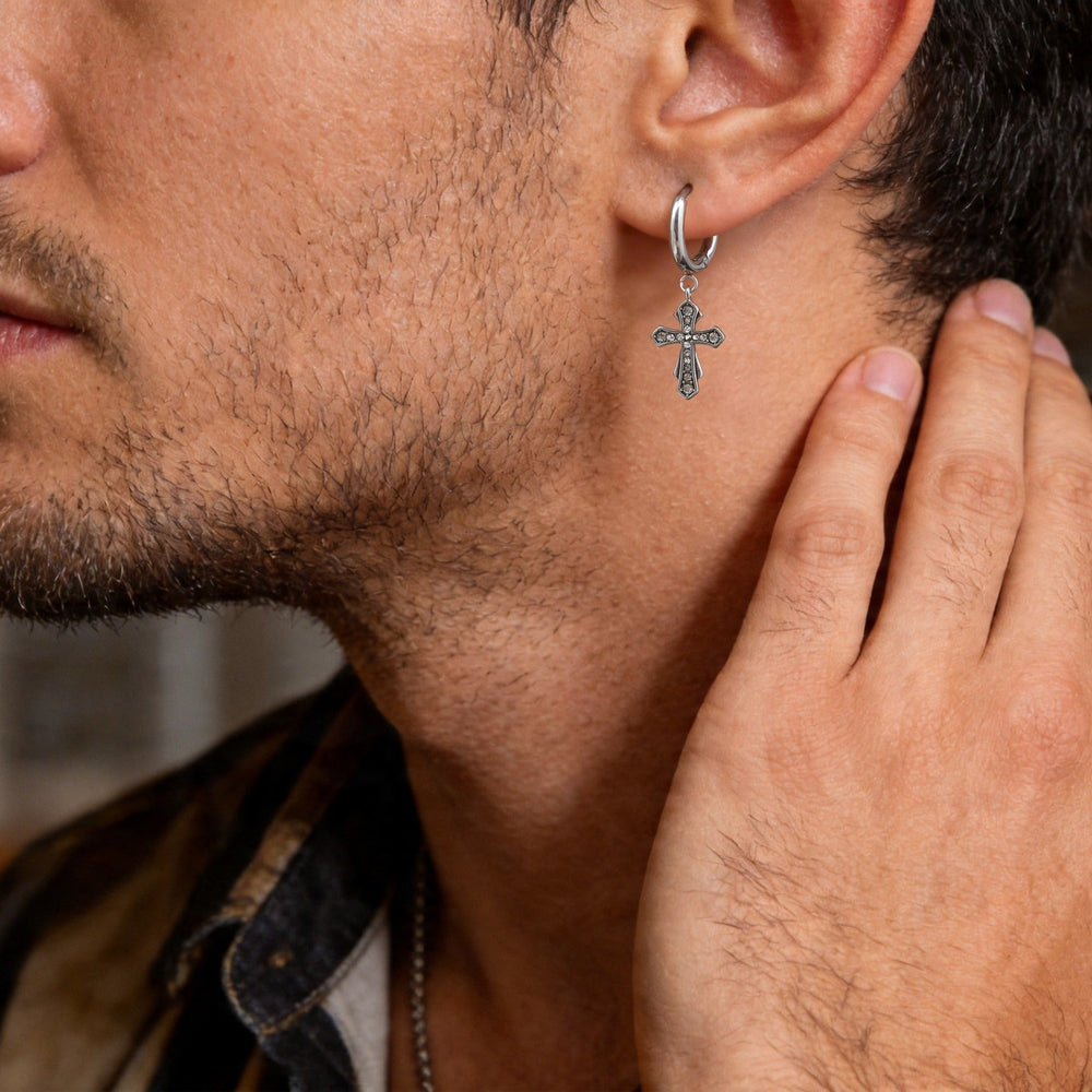 Stainless Steel Cross Hoop Earring for Men Cubic Zirconia Inlay ED1089
