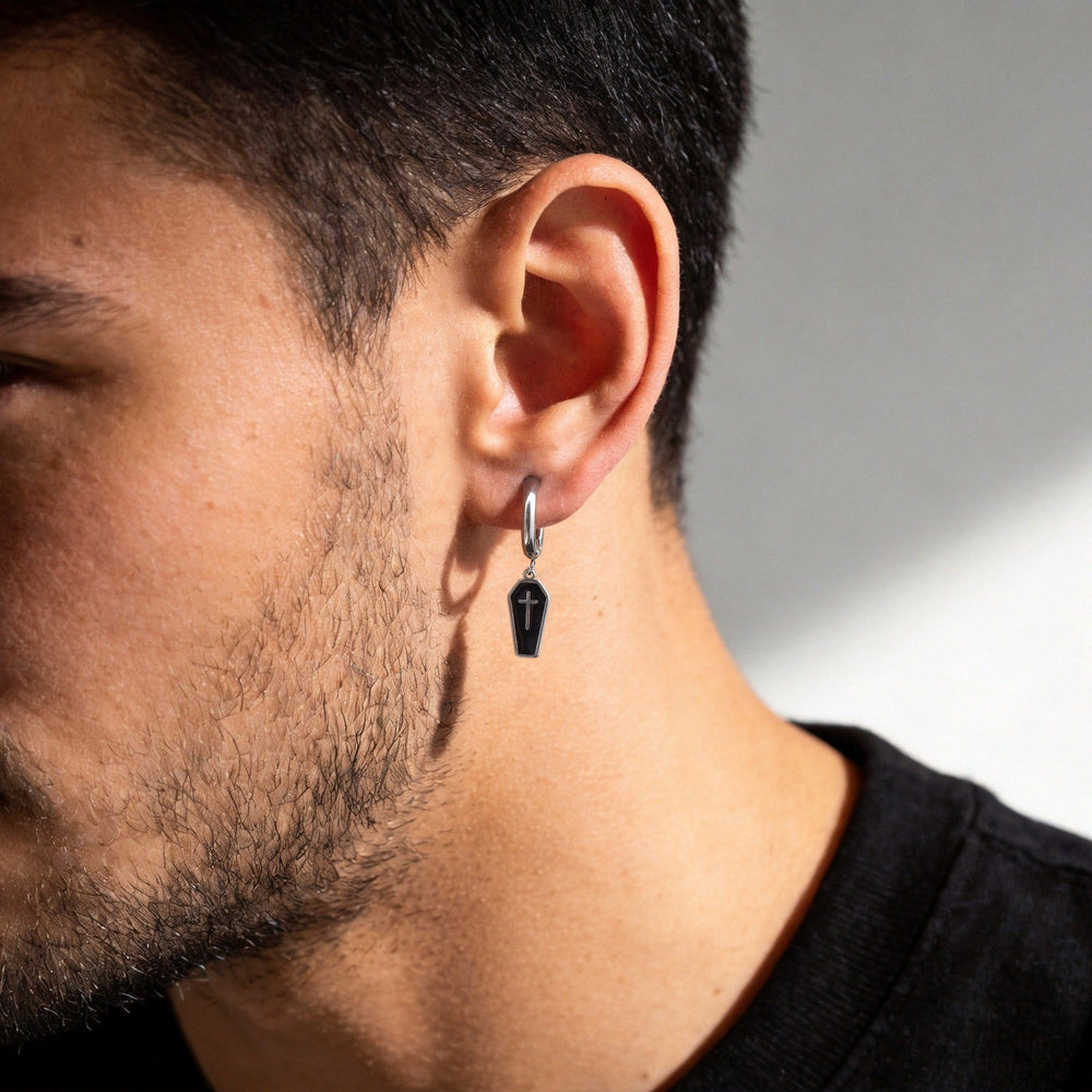 Stainless Steel Cross Hoop Earring for Men Dark Drop ED-1090