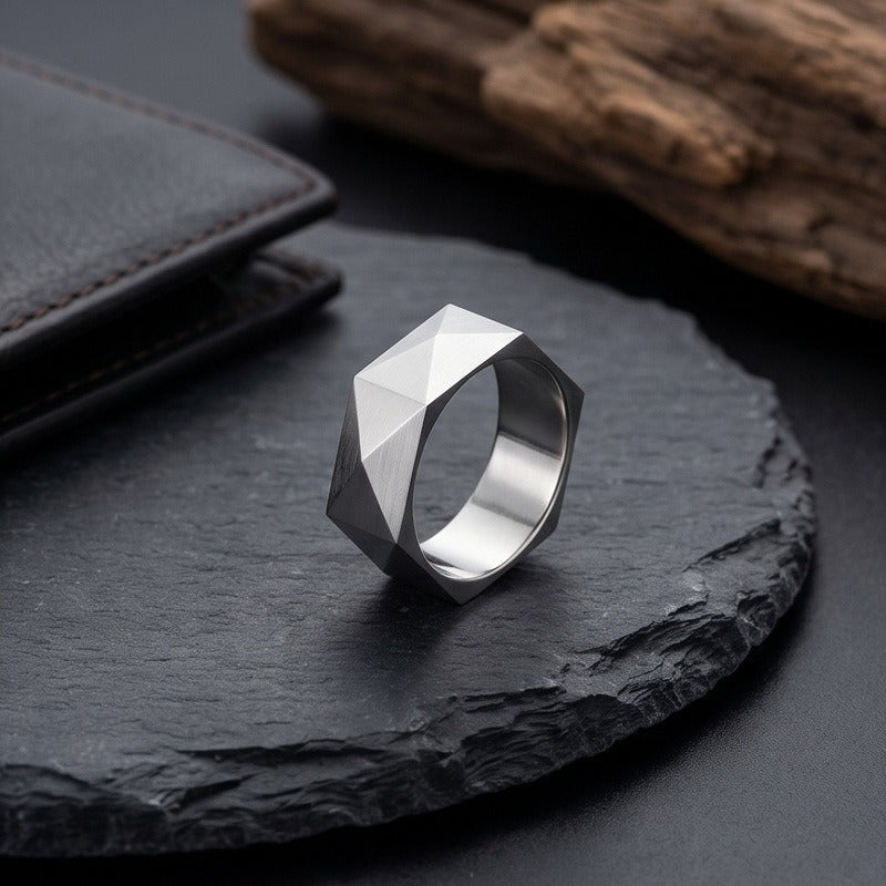 Diamond Cut Geometric Ring for Men Titanium Steel Wide Band KR115325-KFC