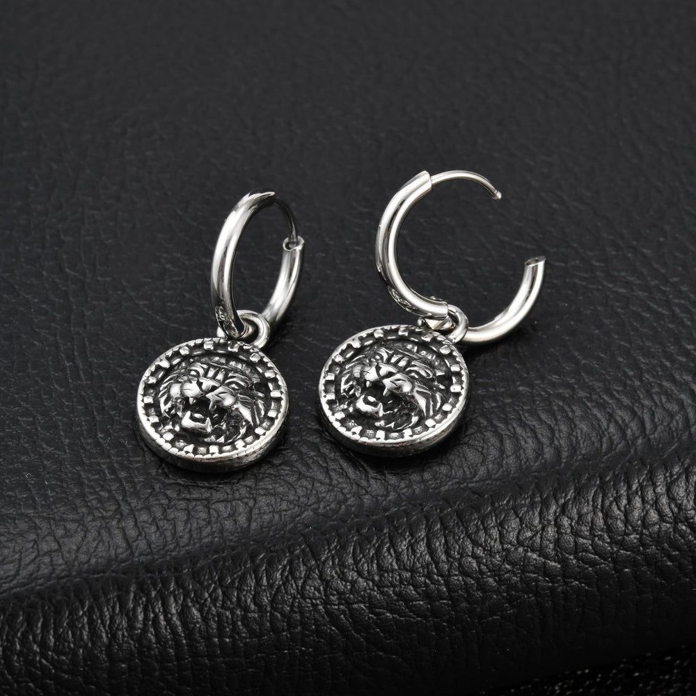 Stainless Steel Tiger Coin Dangle Hoop Earring for Men Vintage ED-1085