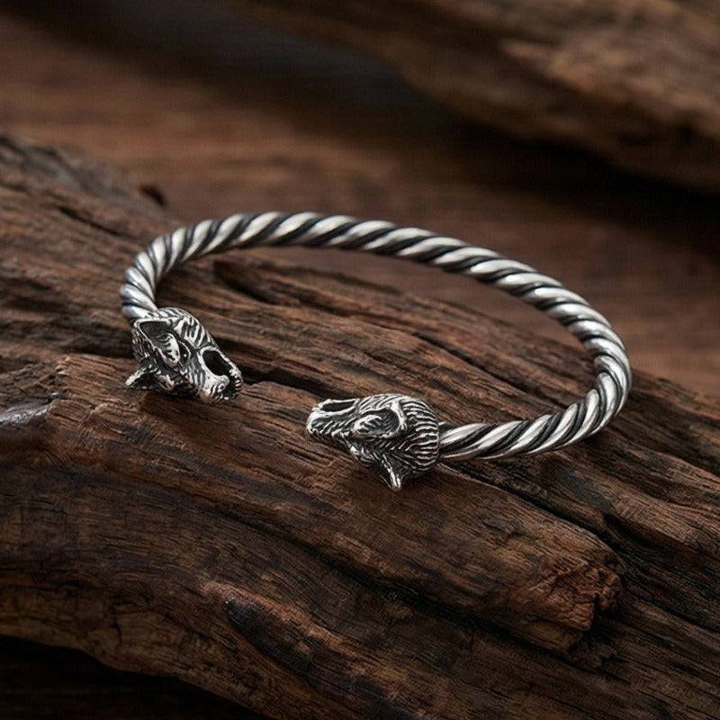 Stainless Steel Viking Wolf Skull Cuff Bracelet for Men Twisted Rope Open Bangle KB96851-BD