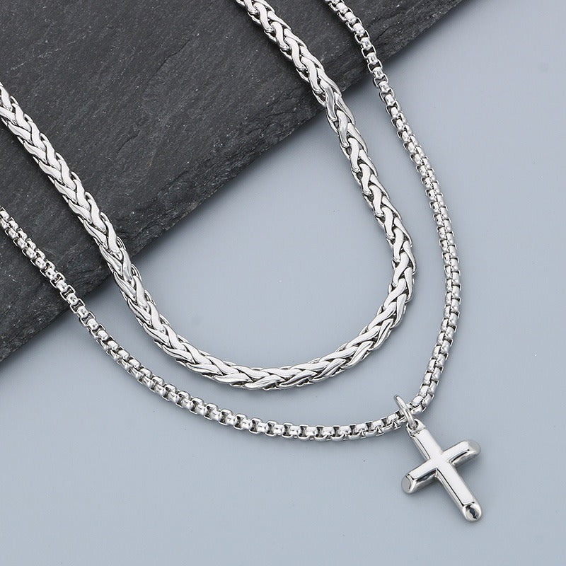 Stainless Steel Cross Pendant Necklace for Men, Layered Box Chain Double Chain Gold Silver Black KN283141-KFC