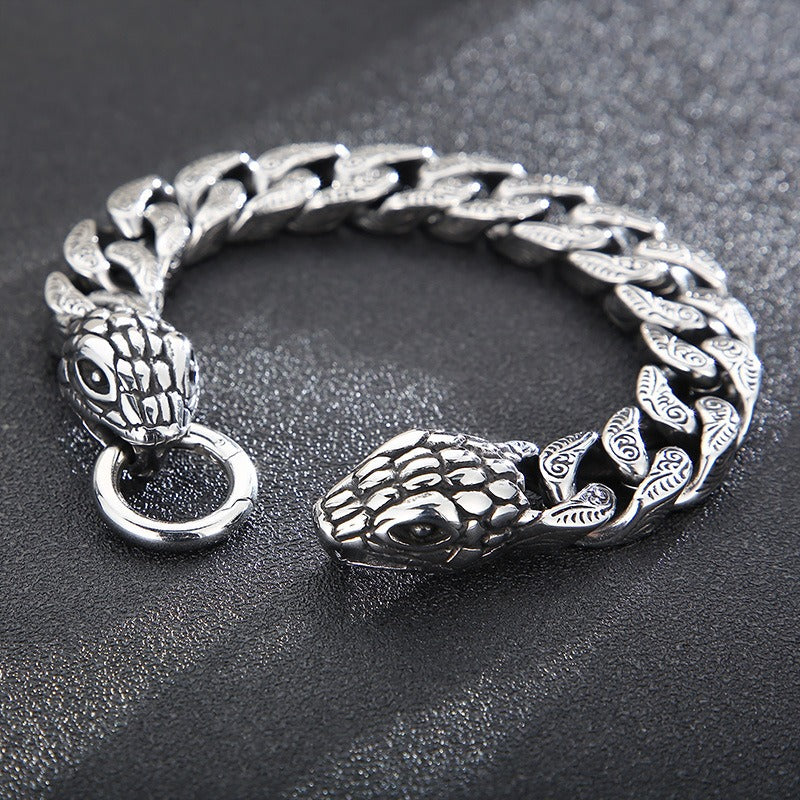 Double Snake Head Bracelet – Titanium Steel Cuban Chain for Men | Gothic Punk Vintage Style KB161368-KJX