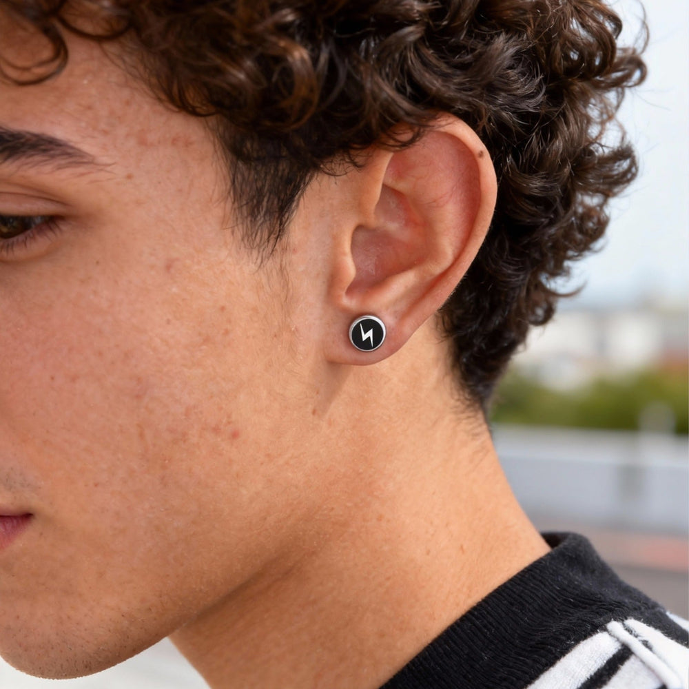 Lightning Stud Earrings for Men Stainless Steel Black Enamel Round Stud 2PCS ES-751S