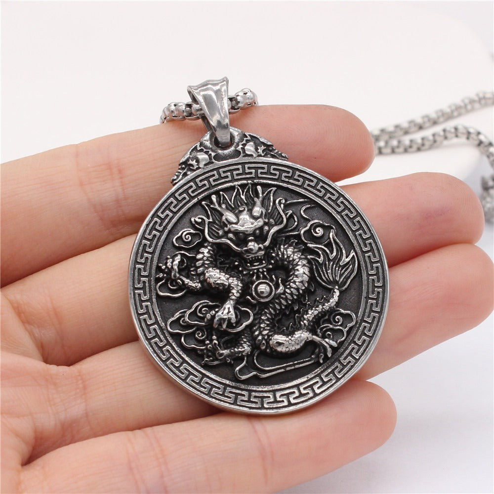 Dragon Medallion Pendant Necklace for Men Titanium Steel Relief P1095