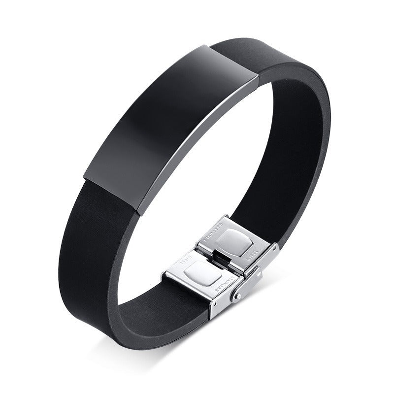 Silicone & Stainless Steel Bracelet – Engravable Curved Plate Men’s Wristband BS-076