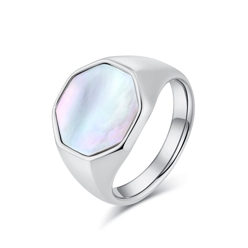 Shell Inlay Ring for Men & Women Stainless Steel Hexagon Design K-R793