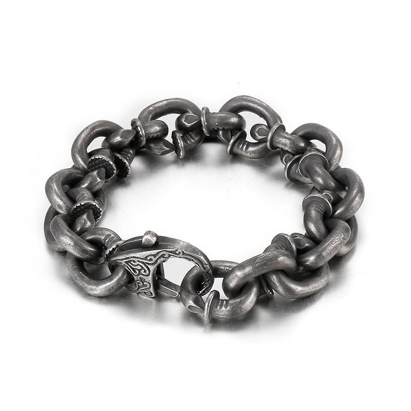 Nail Cuff Chain Bracelet – Stainless Steel Punk Men’s Jewelry Vintage Rustic Finish KB126373-KJX