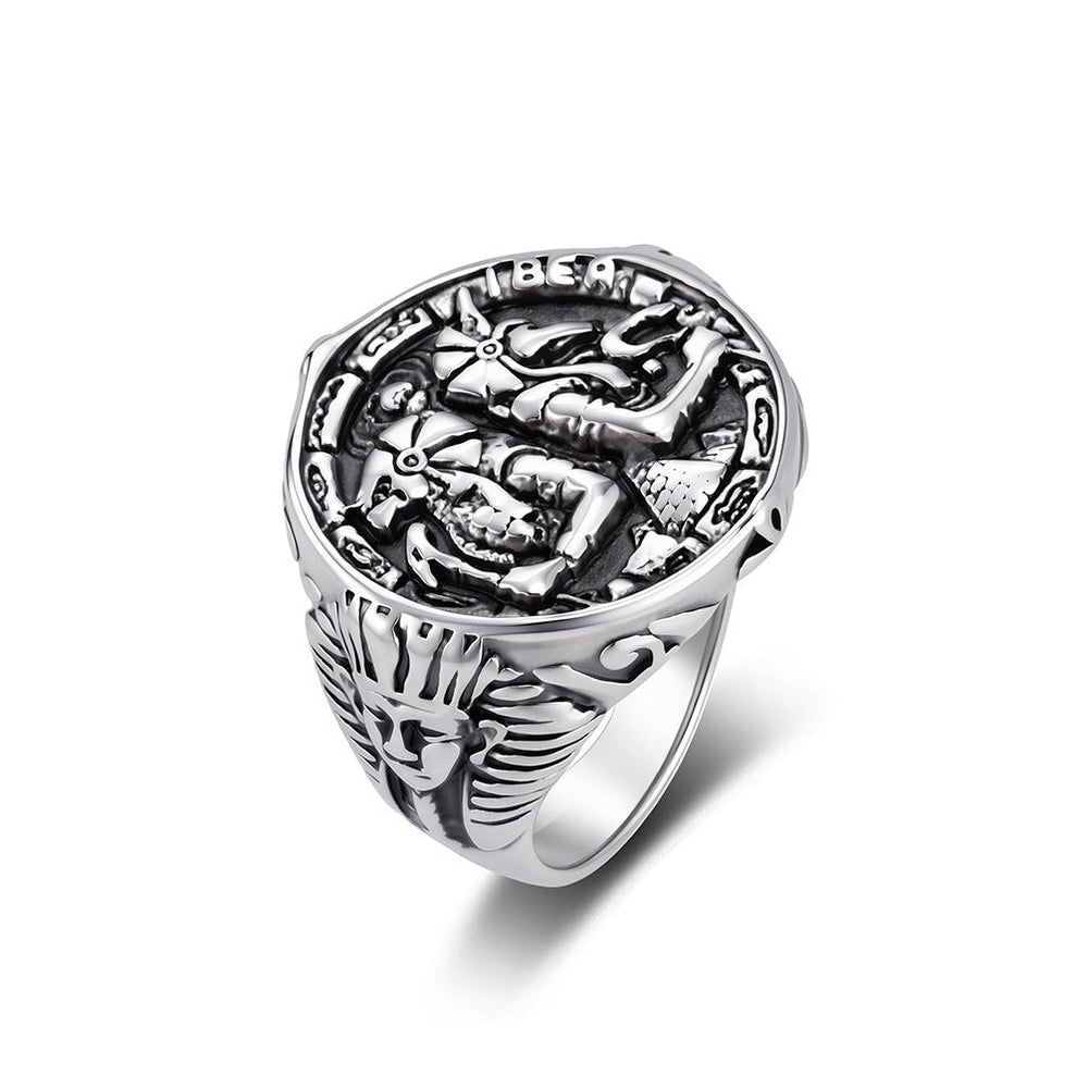Anubis Relief Signet Ring for Men Stainless Steel Egyptian Vintage K-R1216