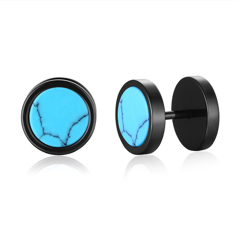 Stud Earrings for Men Stainless Steel Round Stone Detail Black ES-302