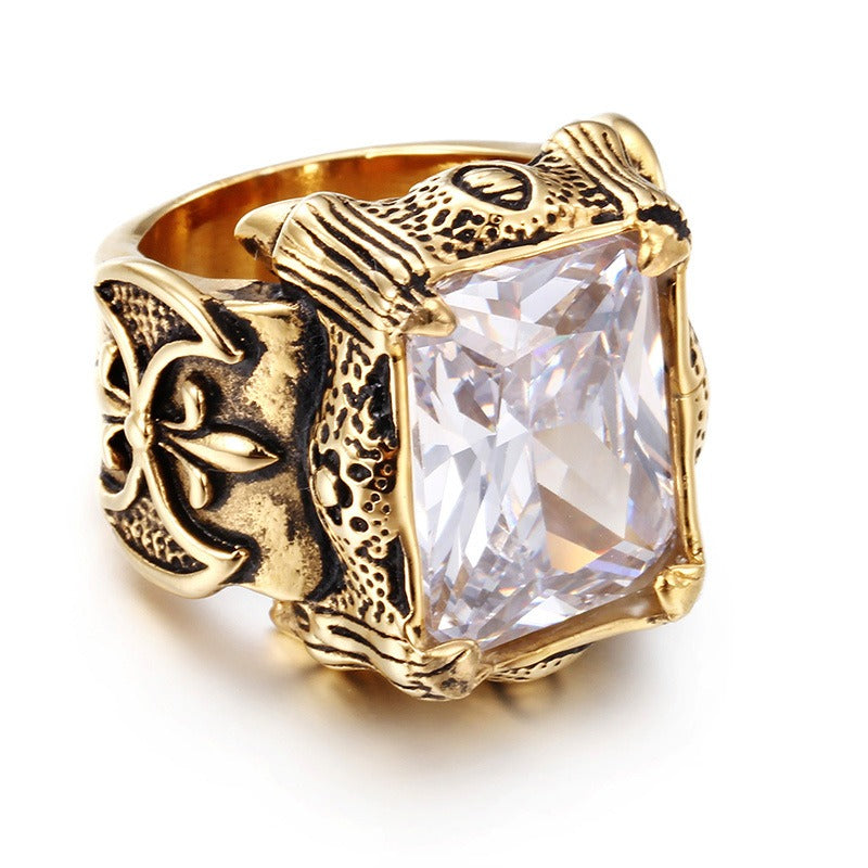 Vintage Punk Gothic Titanium Steel Ring with Multi-Color Glass Stones for Men KR39427