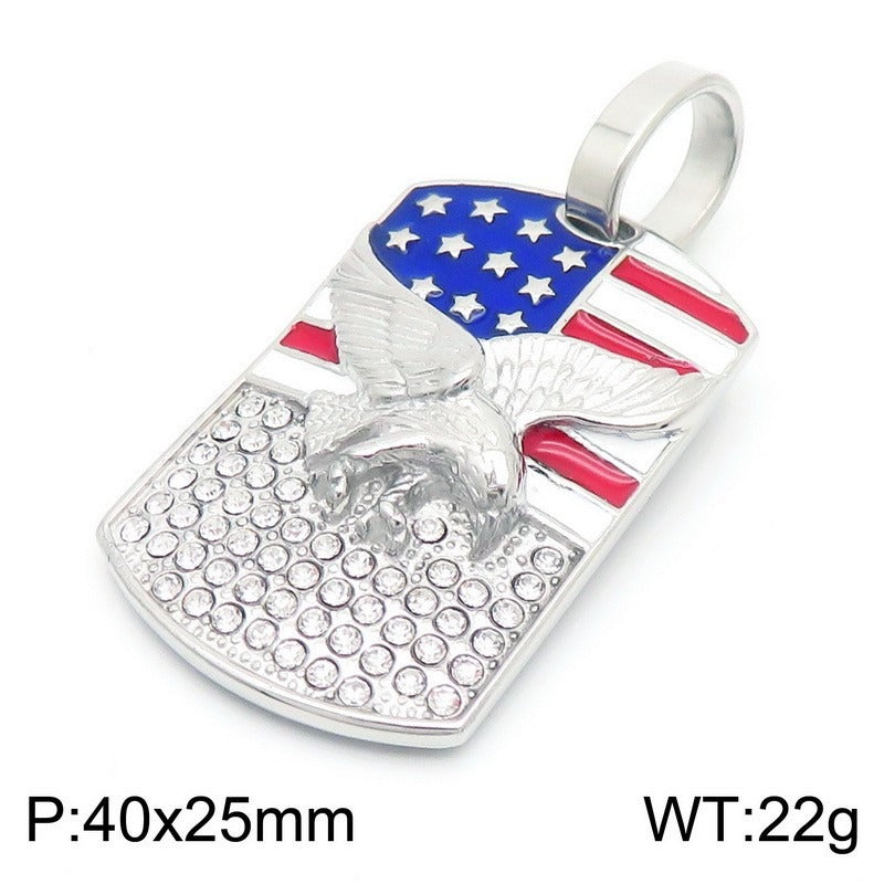 Eagle Flag Pendant Necklace – Titanium Steel Square Chain with Crystal Detail, Urban Gothic Power Symbol for Men KP130508