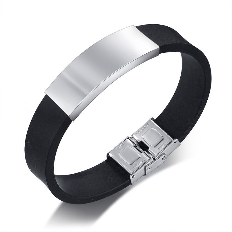 Silicone & Stainless Steel Bracelet – Engravable Curved Plate Men’s Wristband BS-076