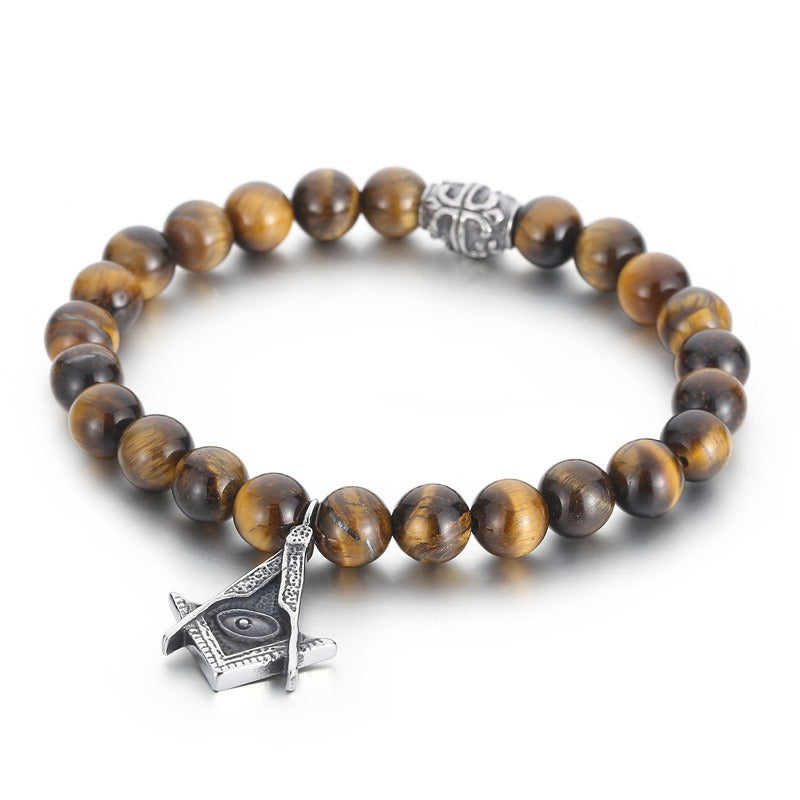 Black Onyx Beaded Bracelet – CZ Crown, Freemason Cross & Tiger Eye Accent for Men’s Gothic Streetwear KB69789-BD