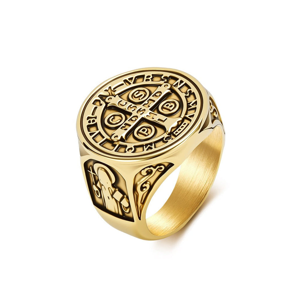 Stainless Steel Cross Medallion Ring for Men Vintage Engraved Coin Signet Seal Symbol Silver Gold Black K-R1143