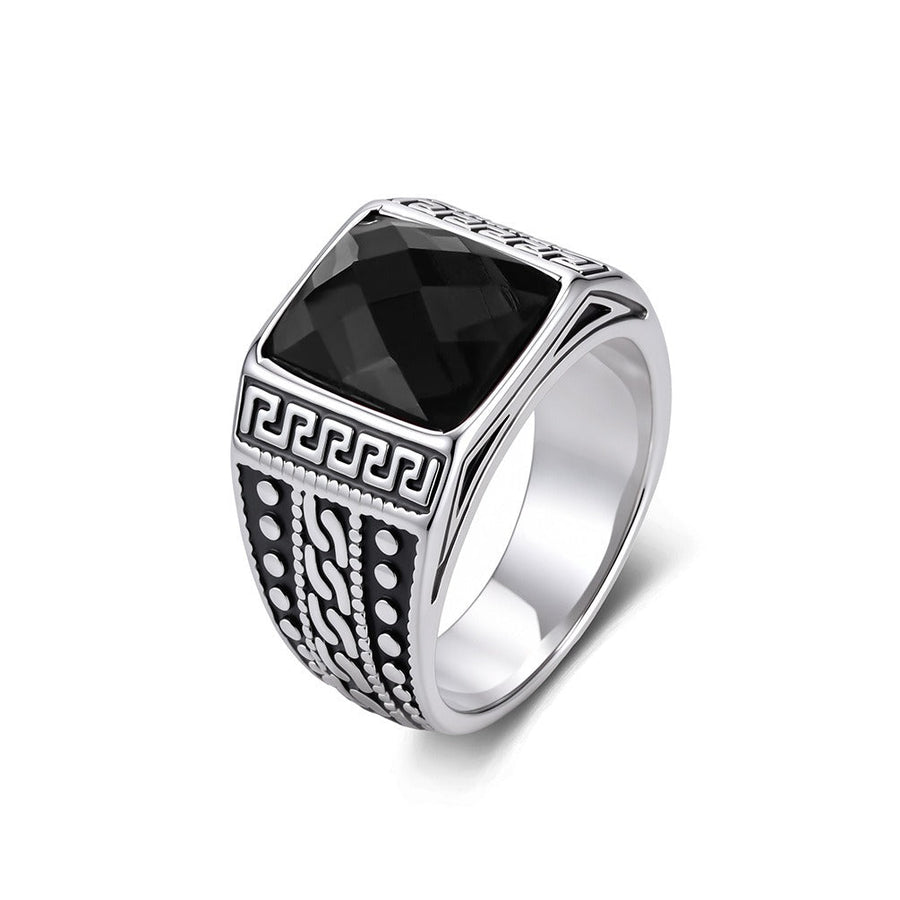 Stainless Steel Engraved Square Stone Signet Ring for Men R7007
