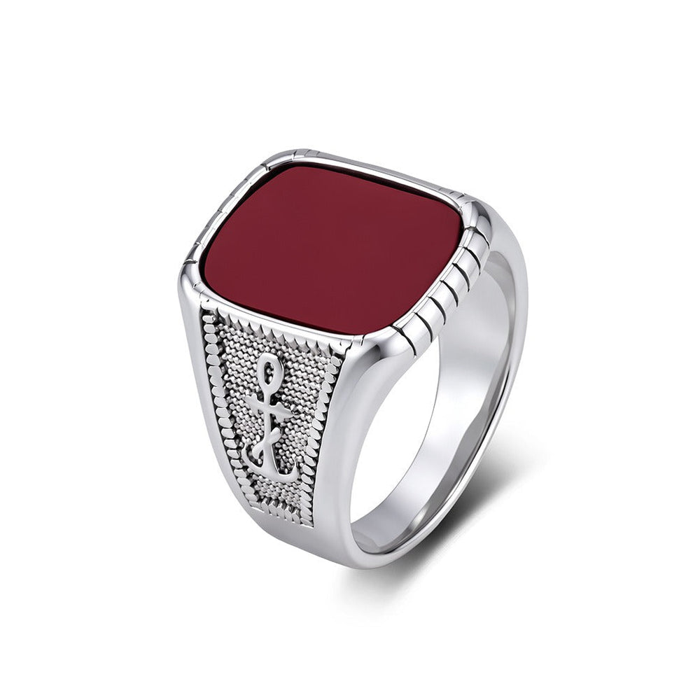Anchor Square Signet Ring for Men Stainless Steel Vintage Stone Detail K-R1212