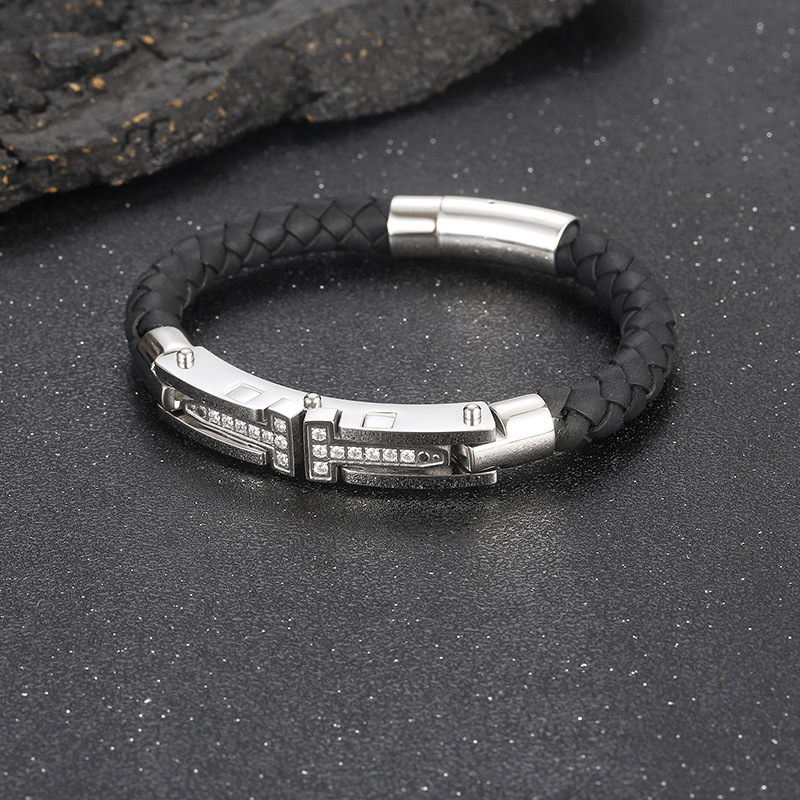T-Bar Braided Leather Bracelet for Men Titanium Steel Stone Accent Gold Silver KB163596-KFC