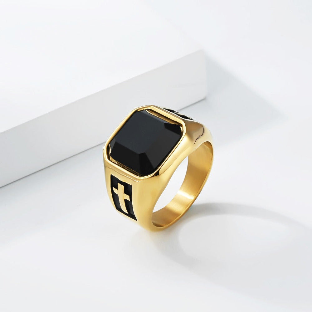 Stainless Steel Black Resin Cross Signet Ring for Men K-R1121
