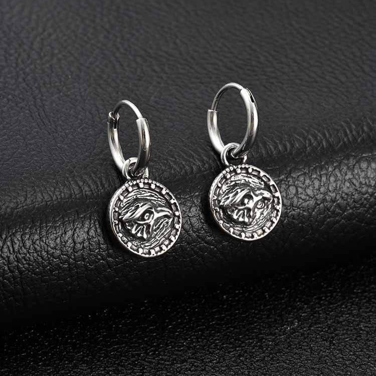 Stainless Steel Tiger Coin Dangle Hoop Earring for Men Vintage ED-1085
