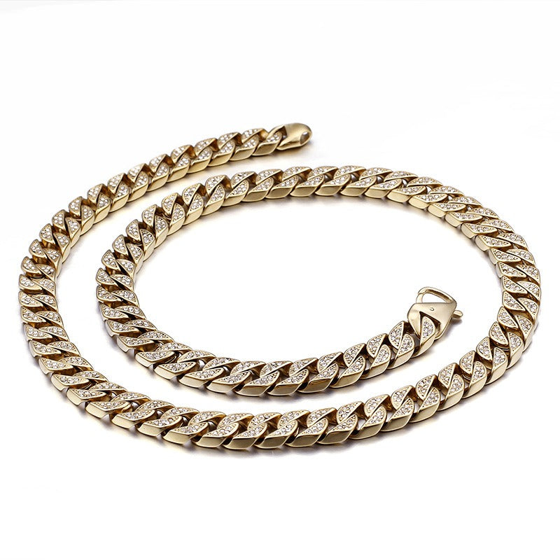 Iced Cuban Chain – Stainless Steel Hip-Hop Necklace with Full-Cut CZ Stones KS102416-BD